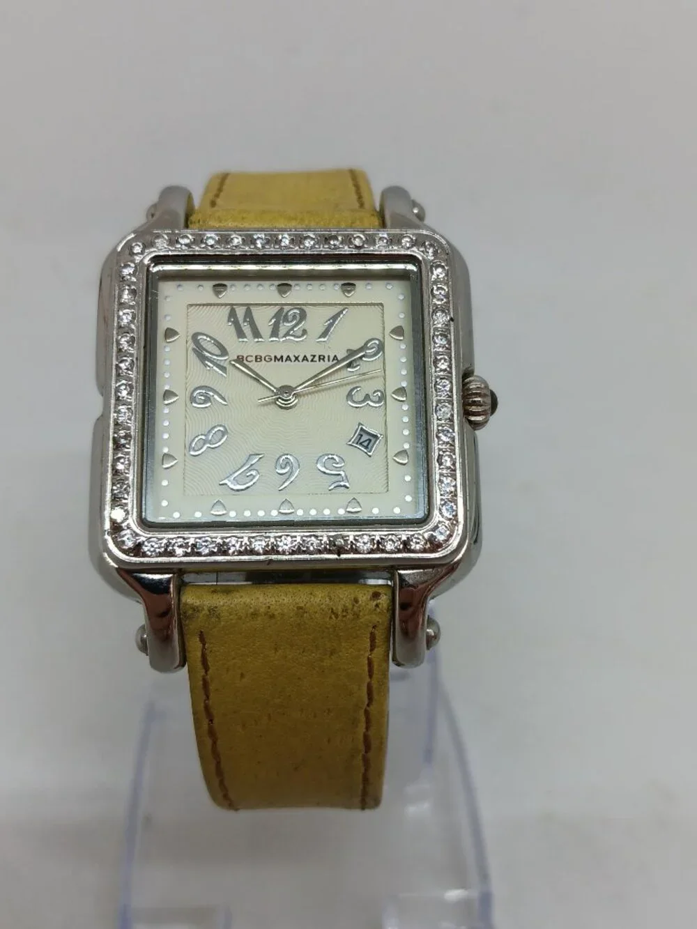 BCBGMAXAZRIA BG6040 Women's 34mm Crystal Bezel S/Steel Square Watch NEW BATTERY